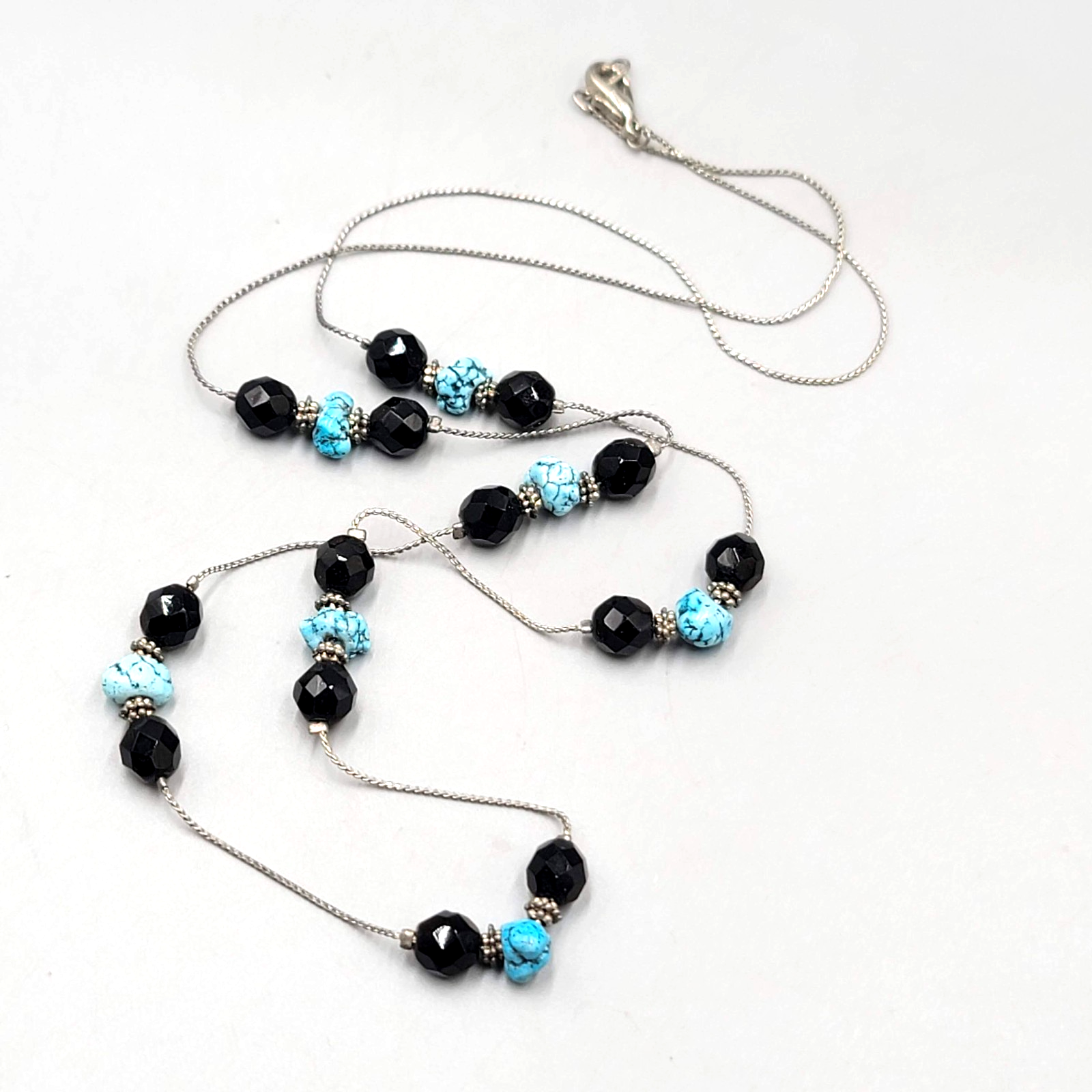 Black Bead Blue Stone Long Station Necklace Silver tone 30 in