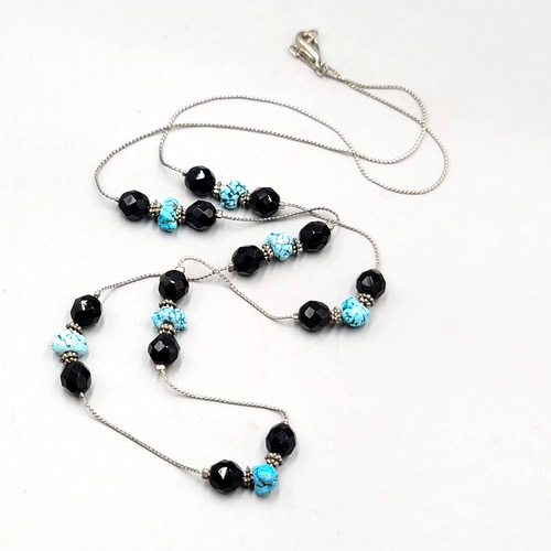 Black Bead Blue Stone Long Station Necklace Silver tone 30 in