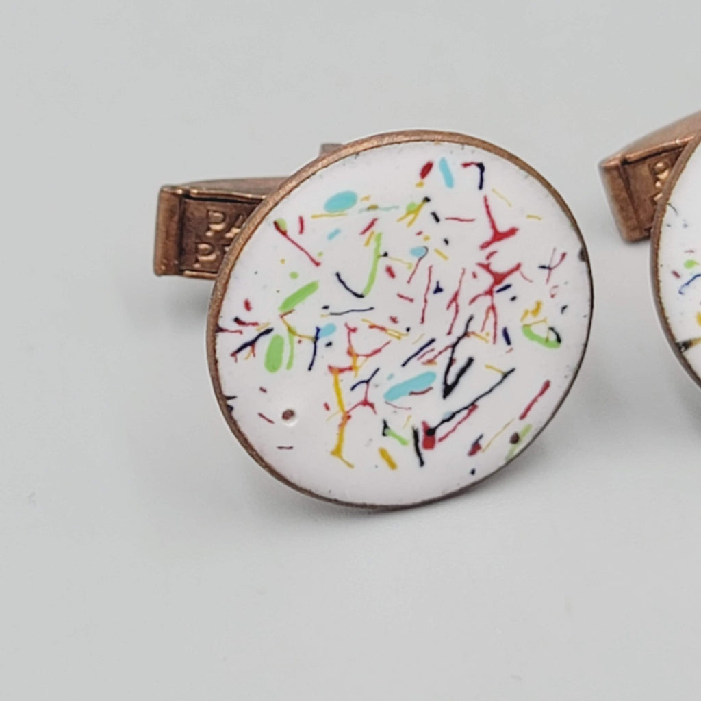 Vintage Mens Cufflinks White Speckle Enamel over Copper Round 3/4"