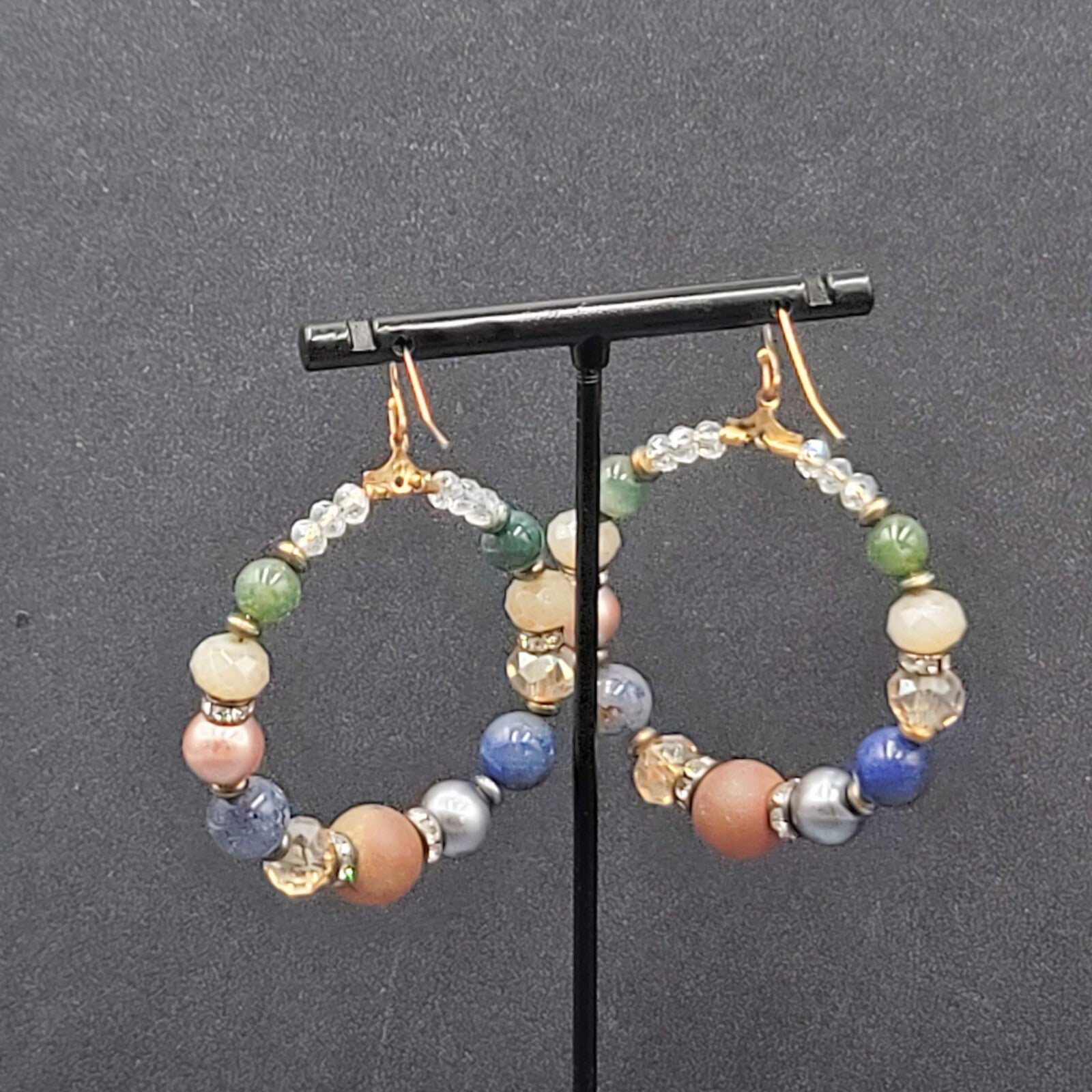 Pierced Earrings Multicolor Stones and Beads Large Hoops 2"
