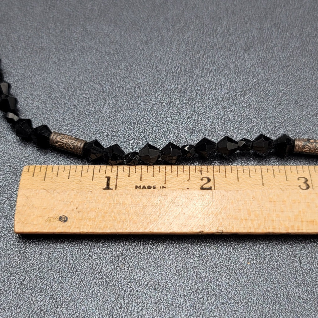 Vintage Necklace Black Rivoli Glass Beaded 16"