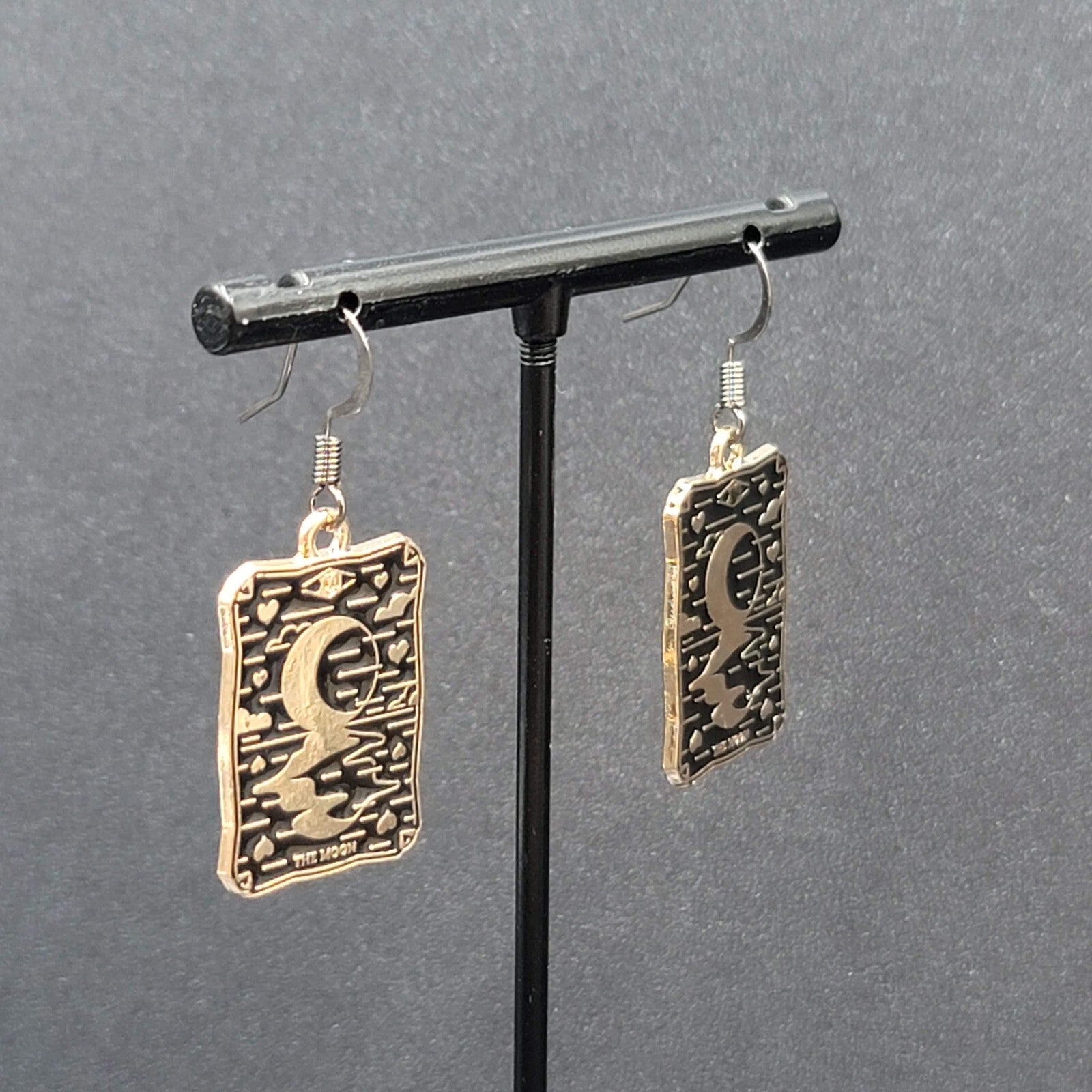 Tarot Card Pierced Earrings The MOON Gold tone Black 1"