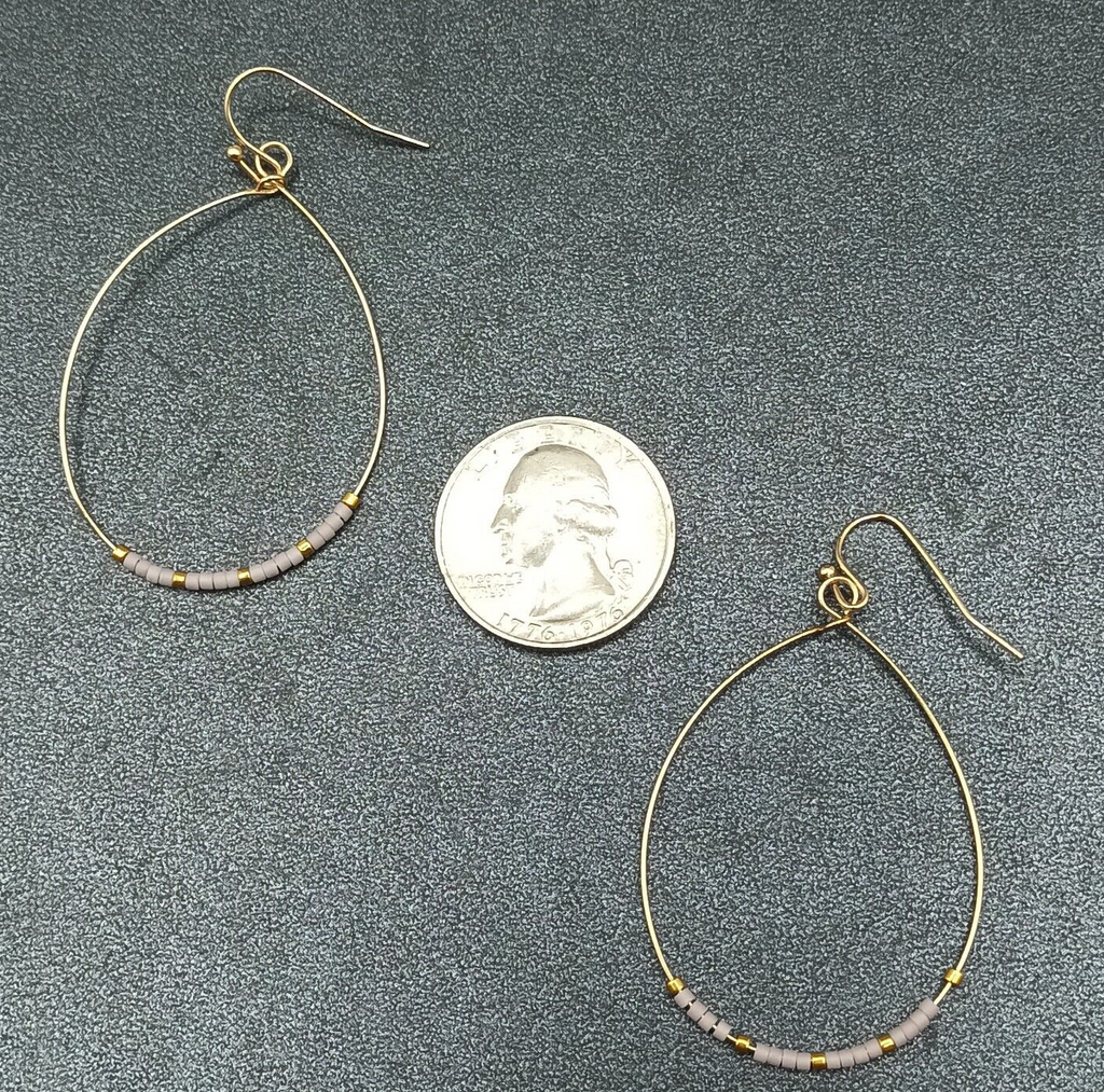 Pierced Earrings Gold tone Teardrop Wire Loop Lavender Seed Bead Dangle 1 3/4"