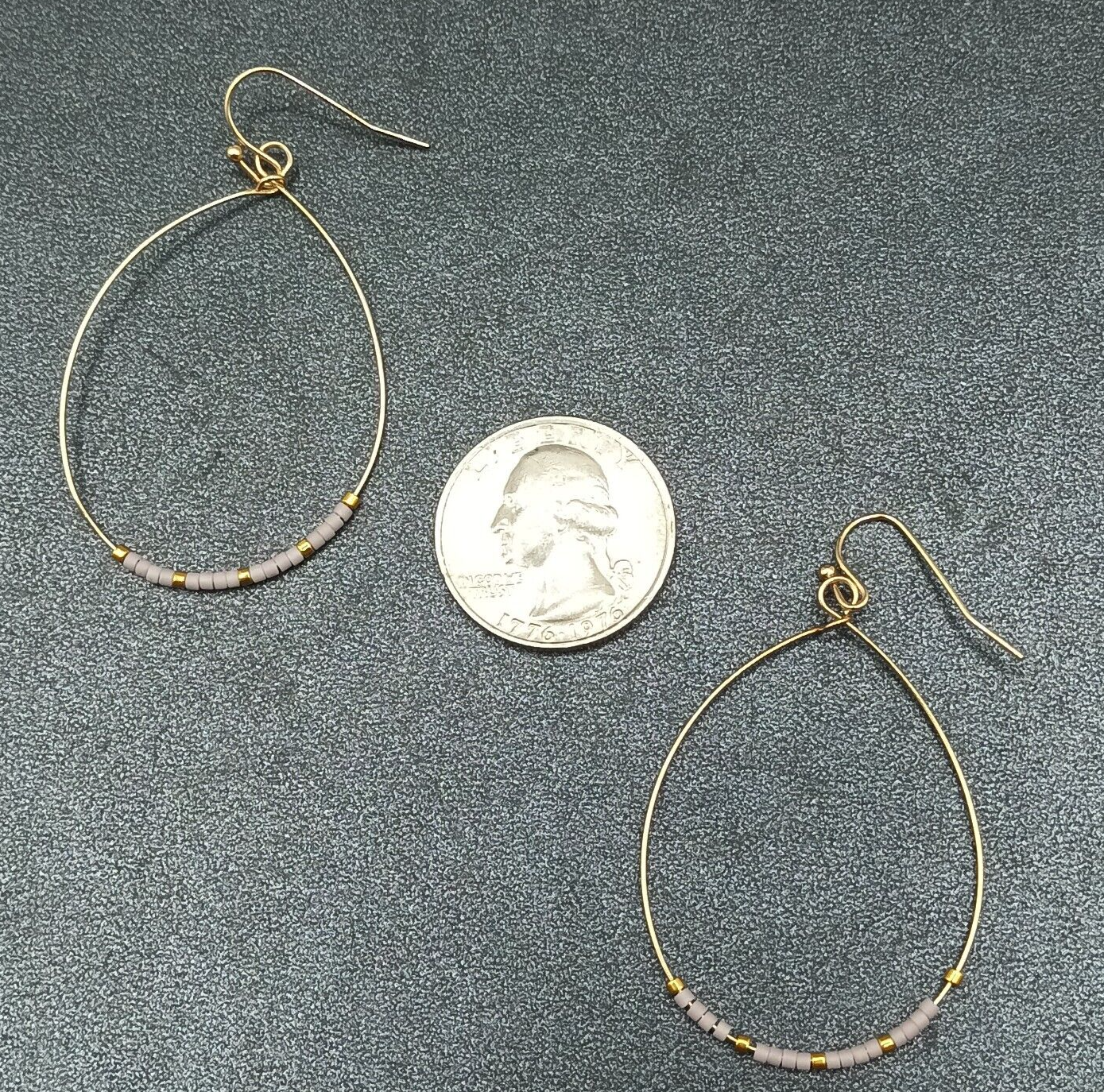 Pierced Earrings Gold tone Teardrop Wire Loop Lavender Seed Bead Dangle 1 3/4"
