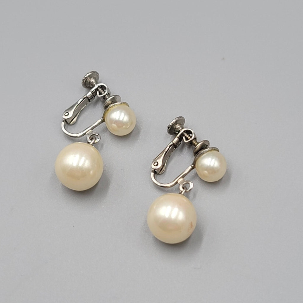 Vintage Clip on Earrings White Bead Dangle Silver tone Screw Back 1"