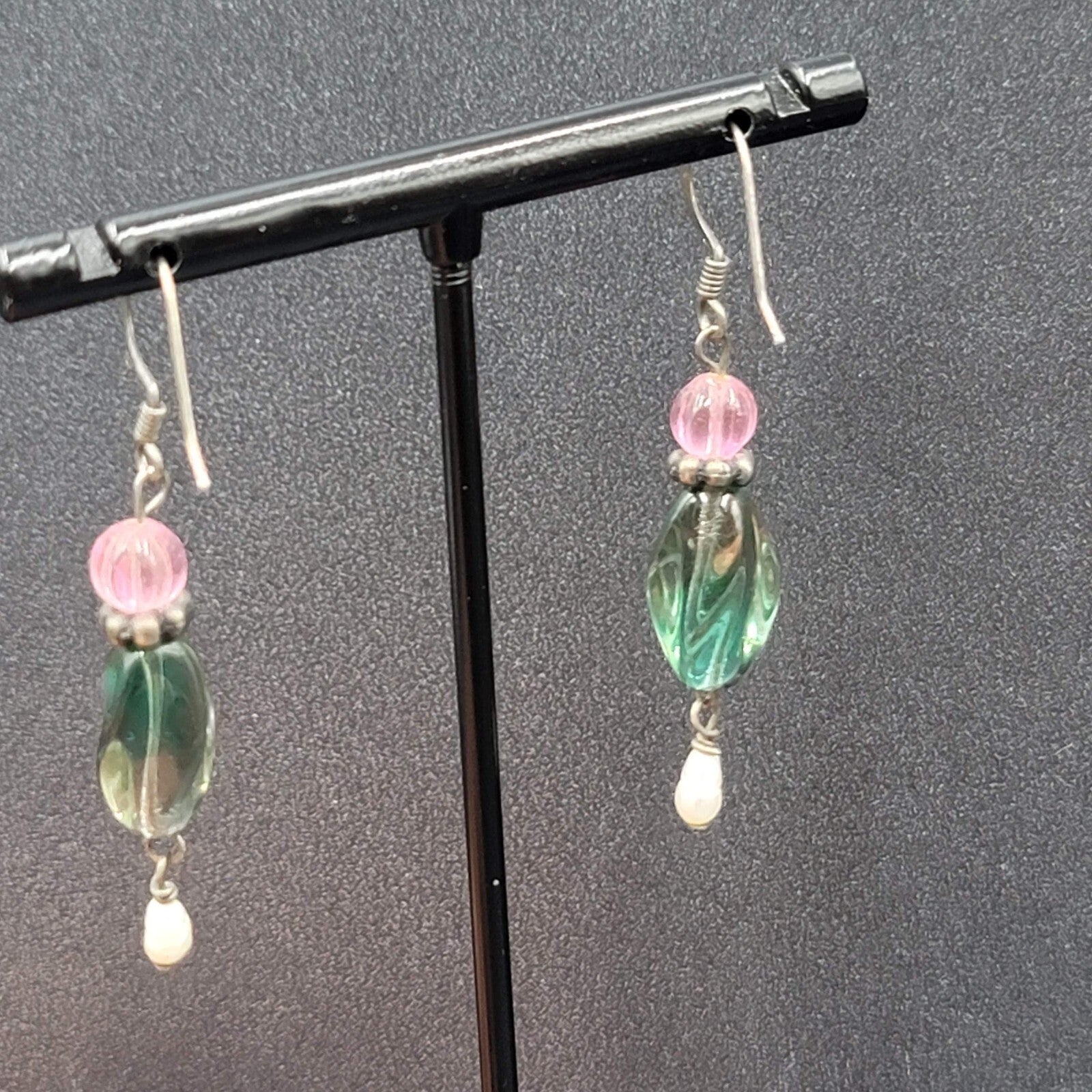 Art Glass Pearl Pierced Earrings Sterling Silver Beaded Dangle 1.25"