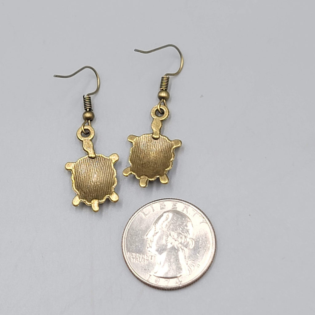 New Turtle Pierced Earrings Bronze tone Embossed Dangle 1"