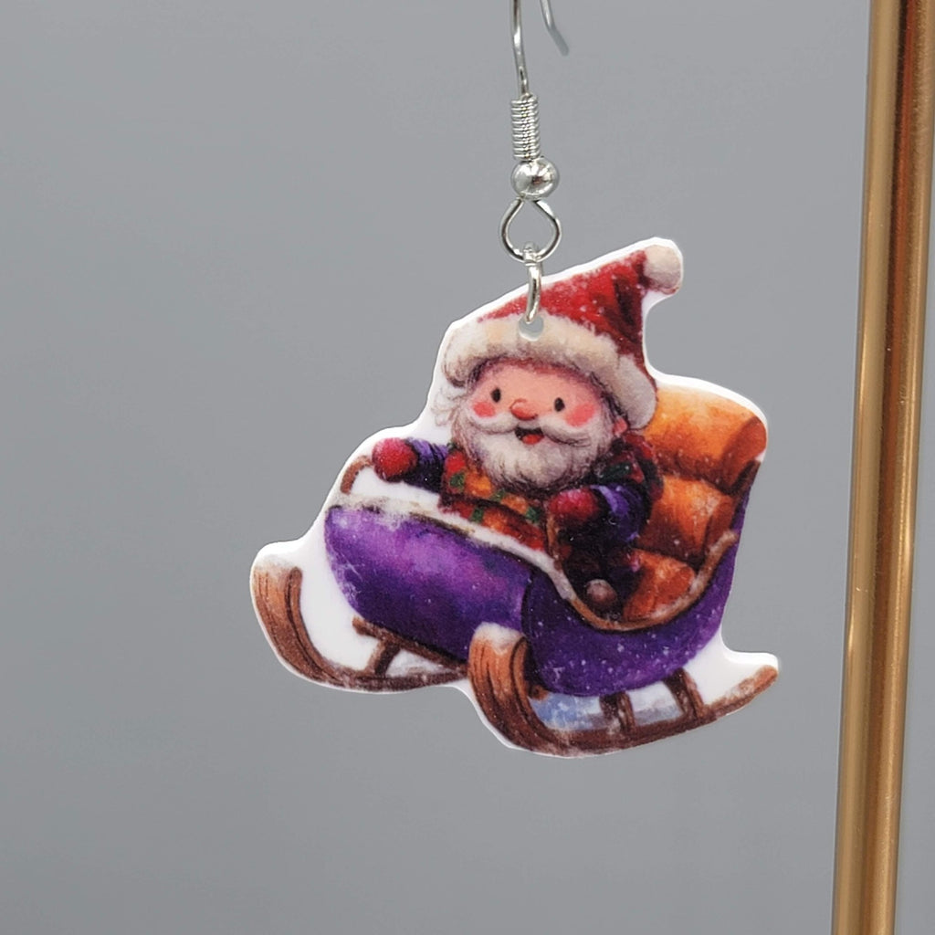 Christmas Santa Sleigh Pierced Earrings Silver tone Dangle 1.25 in