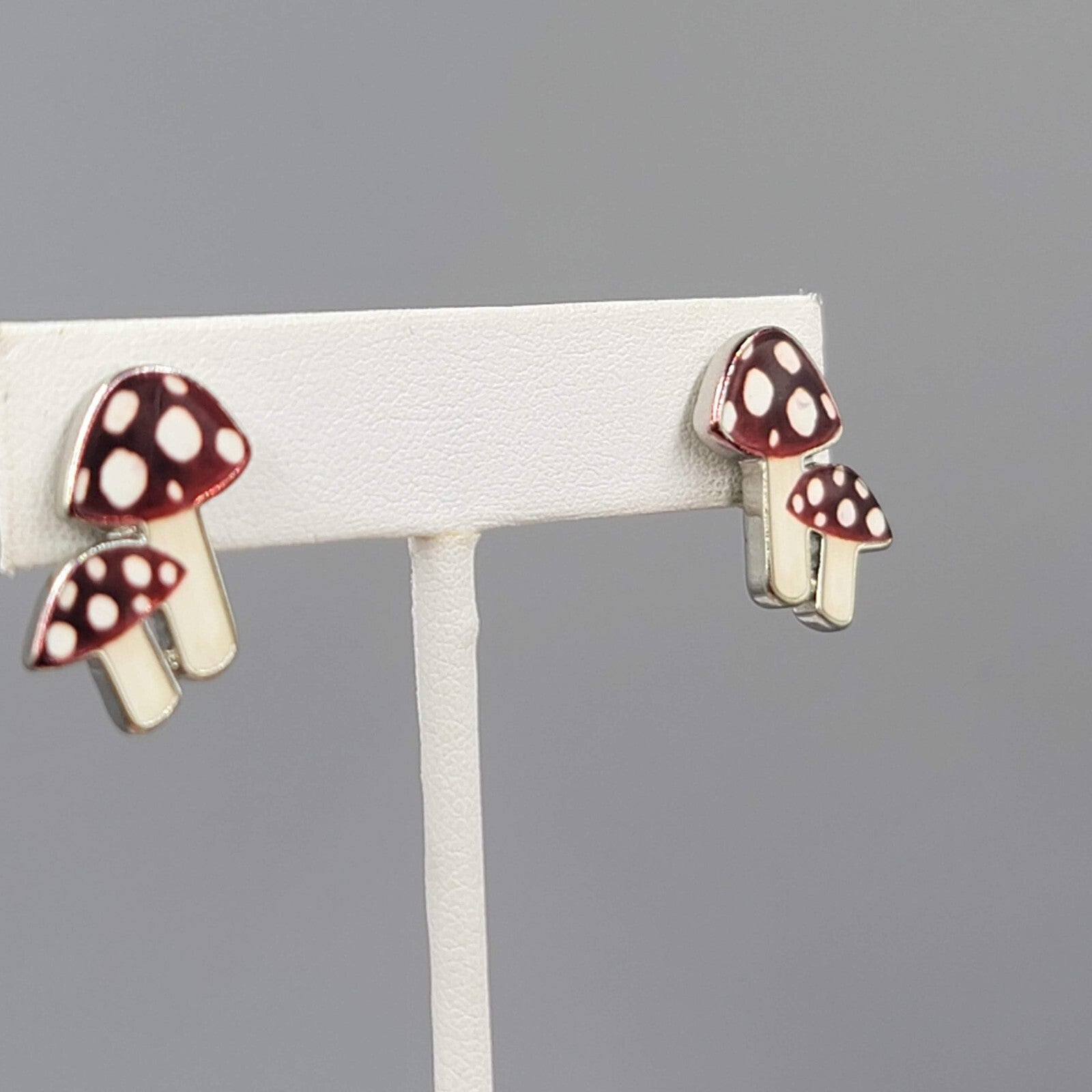 Attic Salt Pierced Earrings Polka Dot Mushroom Silver tone Drop 3/4"