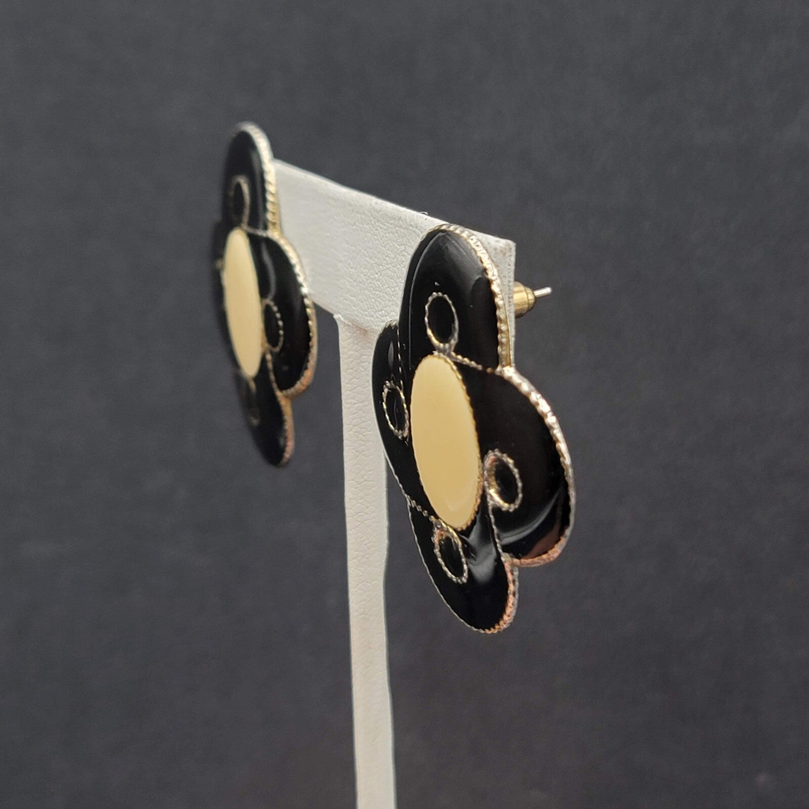 Vintage Pierced Earrings Black Cream Enamel Large Statement 1.5"