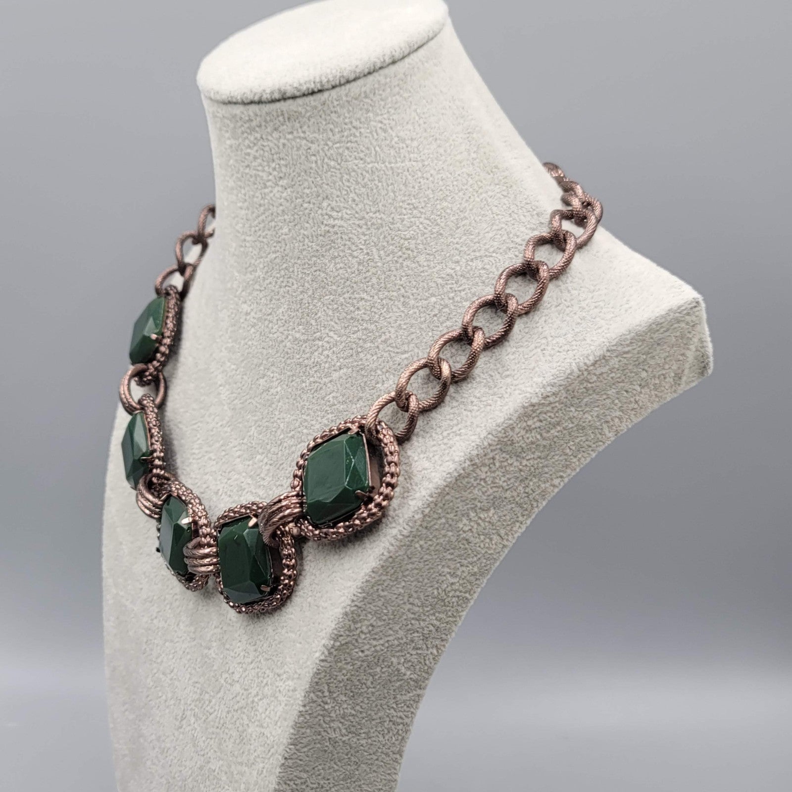 Talbots Necklace Large Statement Dark Bronze tone Green Accents 18 in Toggle