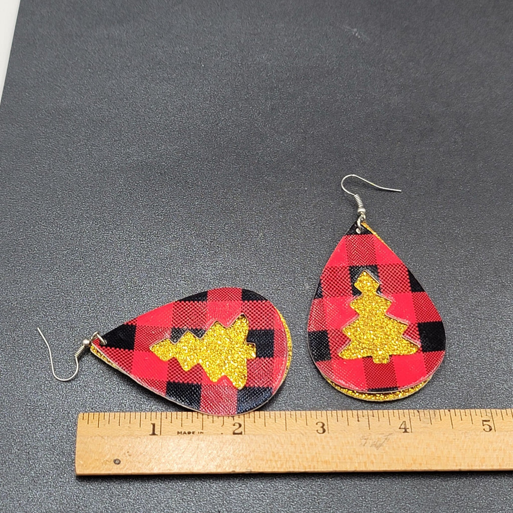 Pierced Earrings Faux Leather Gold Glitter Tree Red Plaid Silvertone Dangle 2.5"