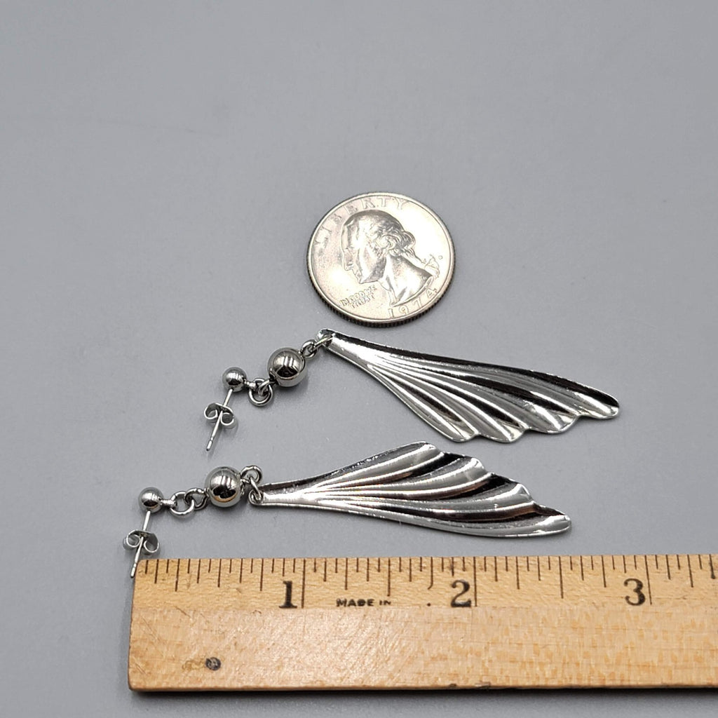 Vintage Pierced Earrings Silver tone Fan Design Dangle 2.75"