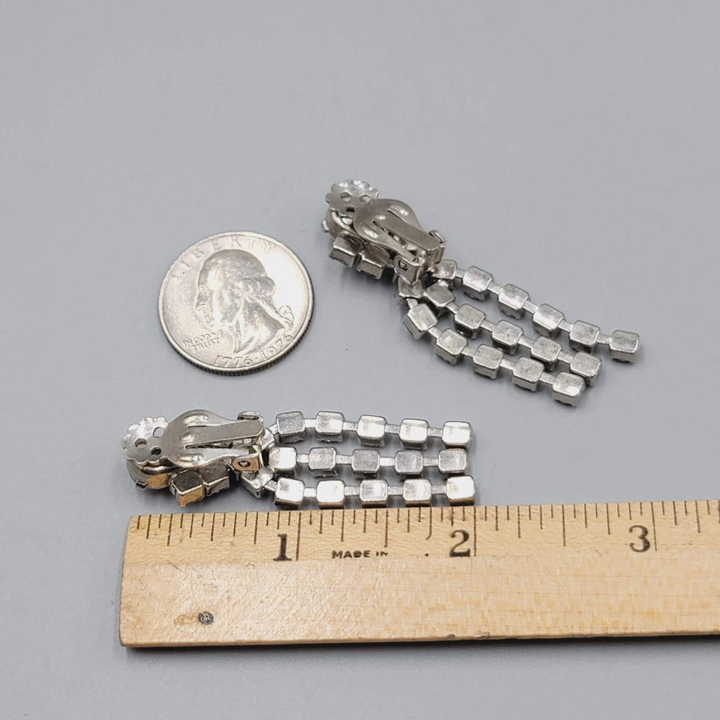 Vintage Long Rhinestone Clip on Earrings Silver tone 2"