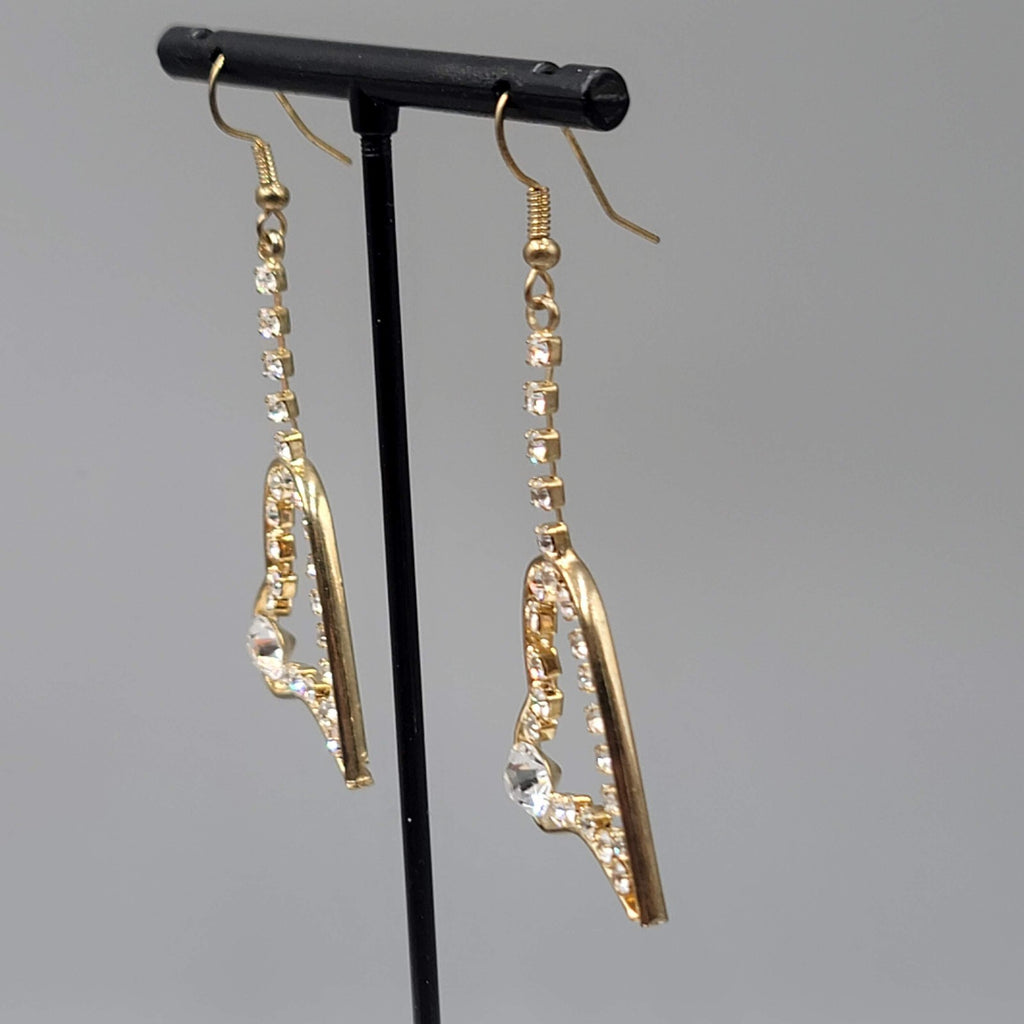 Dangle Heart Pierced Earrings Gold tone Rhinestone 2"