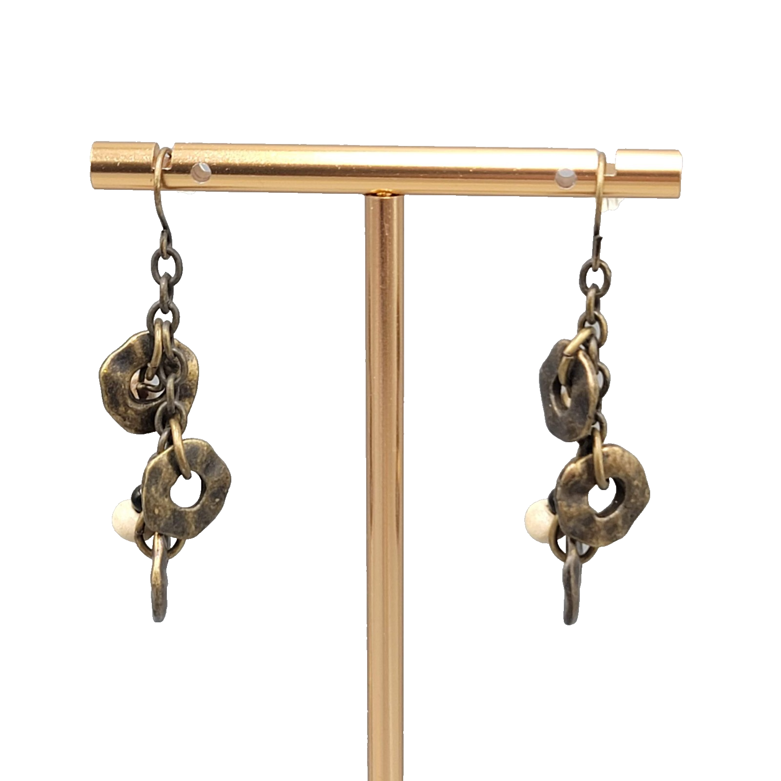 Circles Wood Bead Pierced Earrings Bronze tone Dangle 1.5 in