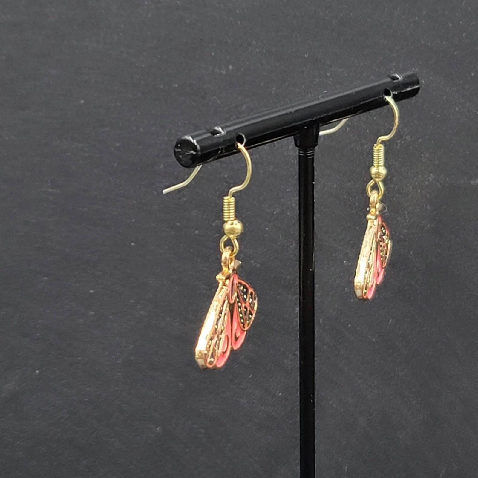 Moth Pierced Earrings Gold tone Pink Black Moons Enamel Dangle 5/8"