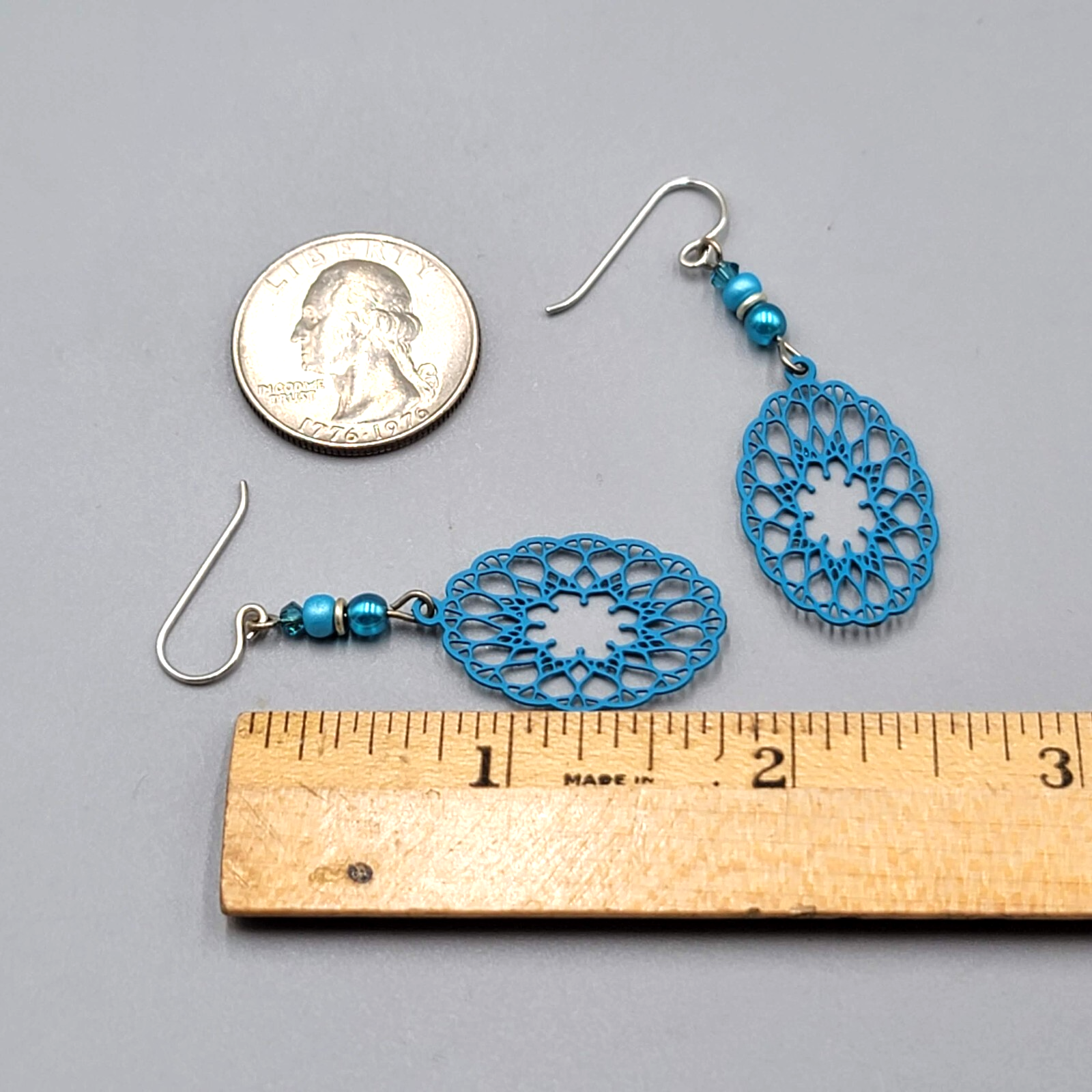Blue Laser Cut Metal Open Work Pierced Earrings Bead Silver tone Dangle 1.75"