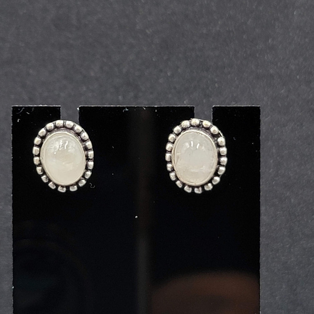 Pierced Earrings Silver tone Moonstone Oval Studs 1/2"