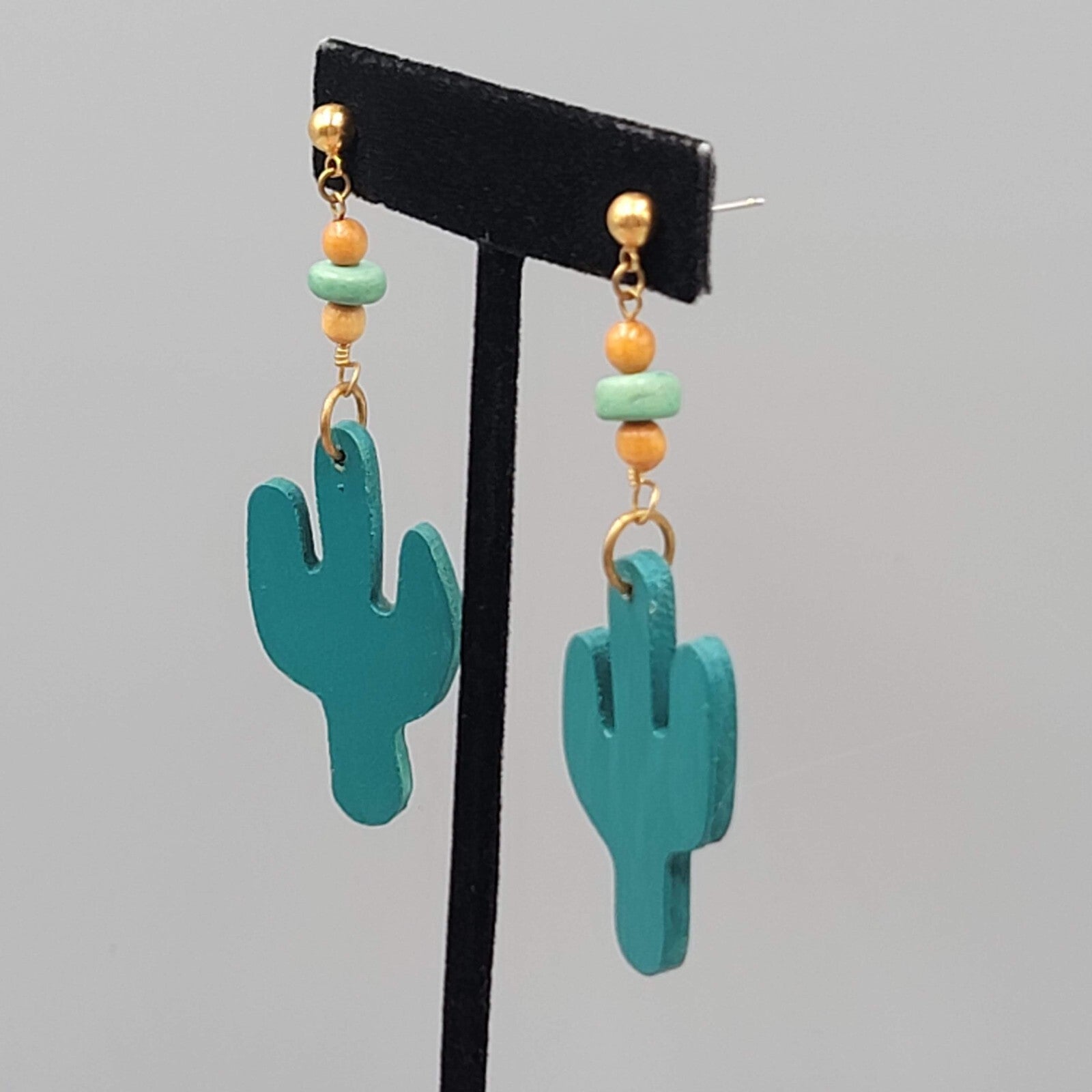 Vintage Wood Cactus Pierced Earrings Bead Dangle 2.75"