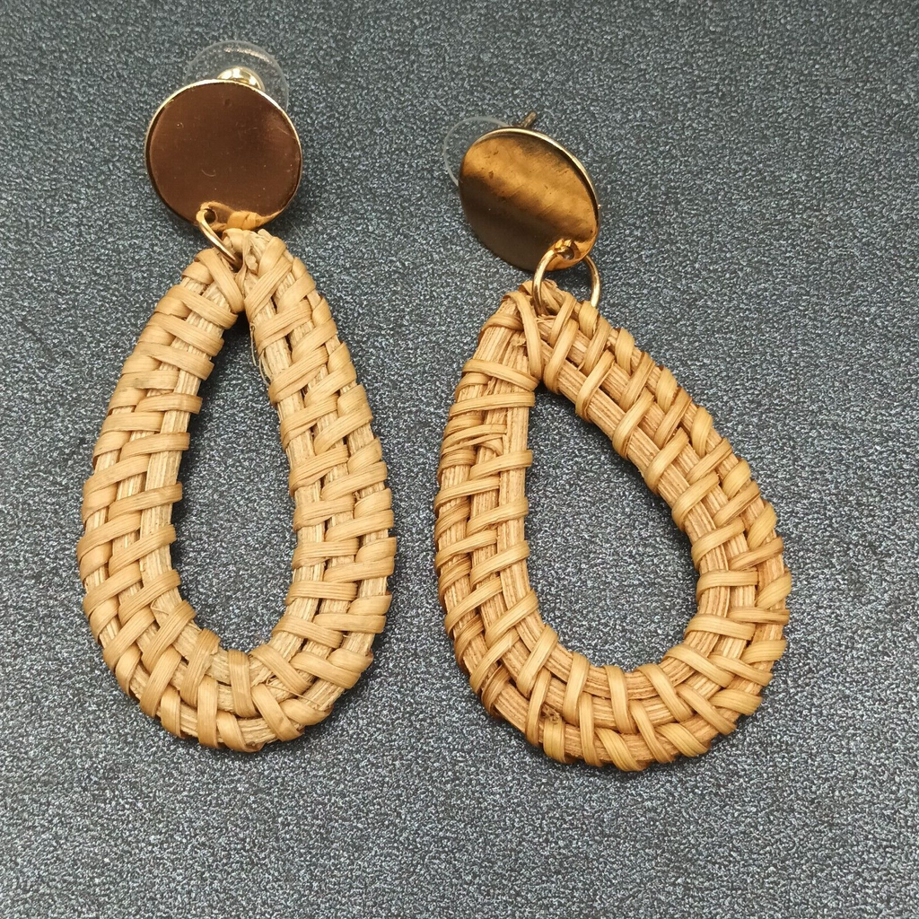 Pierced Earrings Gold tone Rattan Teardrop Statement Dangle 2 1/2"