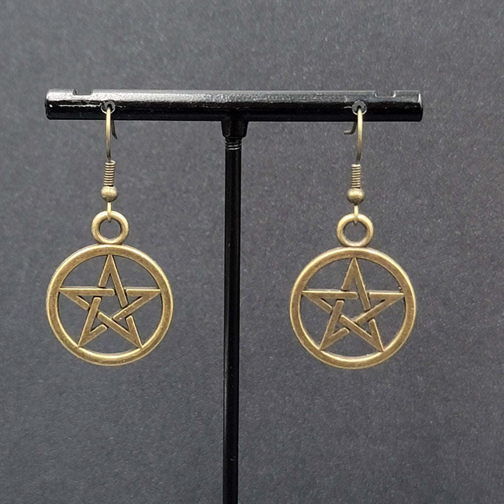 New Pentagram Pierced Earrings Pentacle Star Bronze tone Dangle 1"