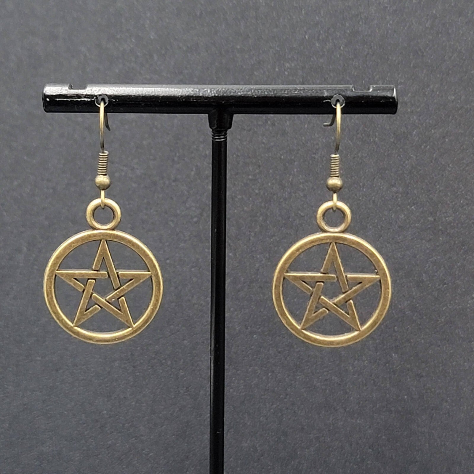 New Pentagram Pierced Earrings Pentacle Star Bronze tone Dangle 1"