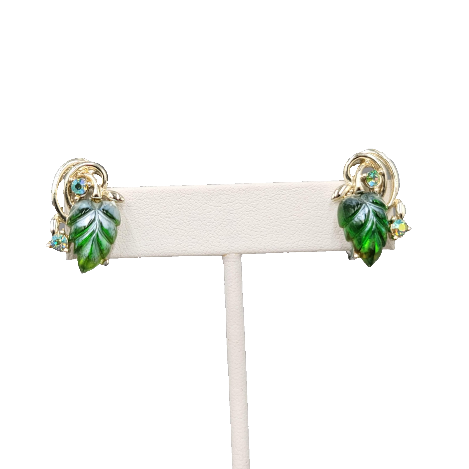 Vintage Molded Green Glass Rhinestone Clip on Earrings Gold tone Screw Back 7/8"