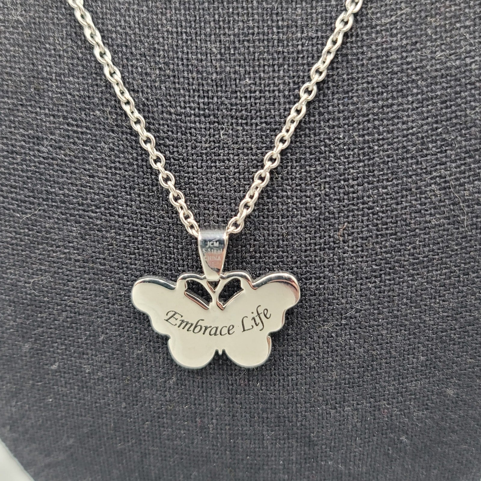 JCM Embrace Life Butterfly Pendant Necklace Silver tone Stainless Steel 18 in