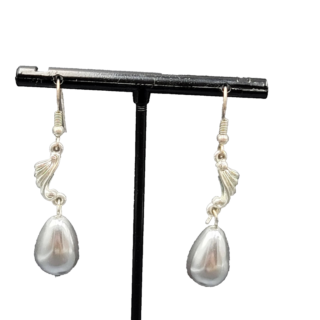 Pierced Earrings Silver tone Pearl Finish Gray Teardrop Bead Dangle 1.5"