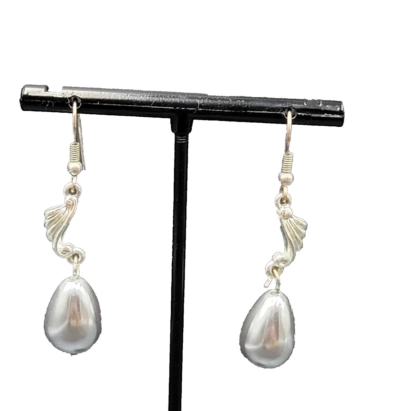 Pierced Earrings Silver tone Pearl Finish Gray Teardrop Bead Dangle 1.5"