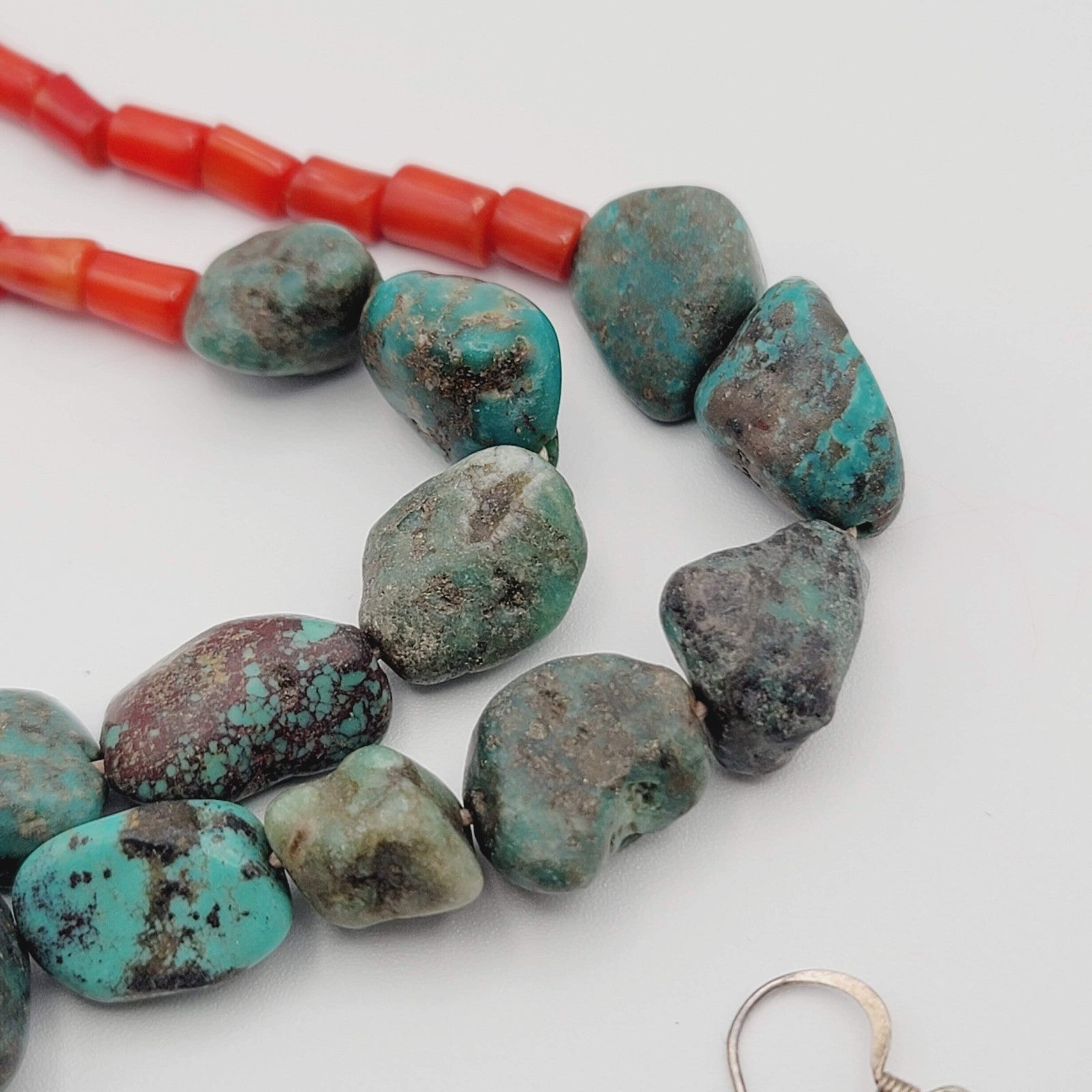 Native American Turquoise Nugget Necklace Coral Bead Matching Earrings 22 in