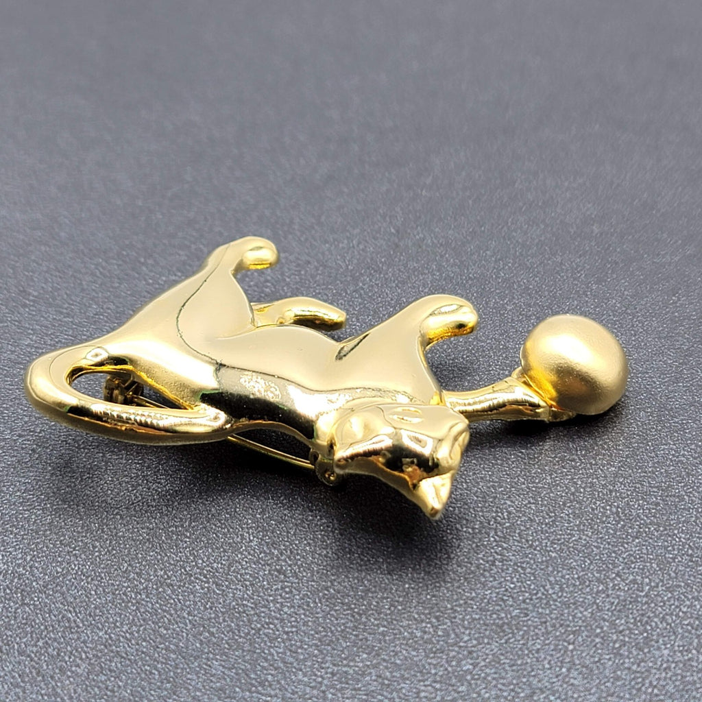 Vintage Brooch Gold Plated Cat Kitty Playing with Ball Polished 2.5"