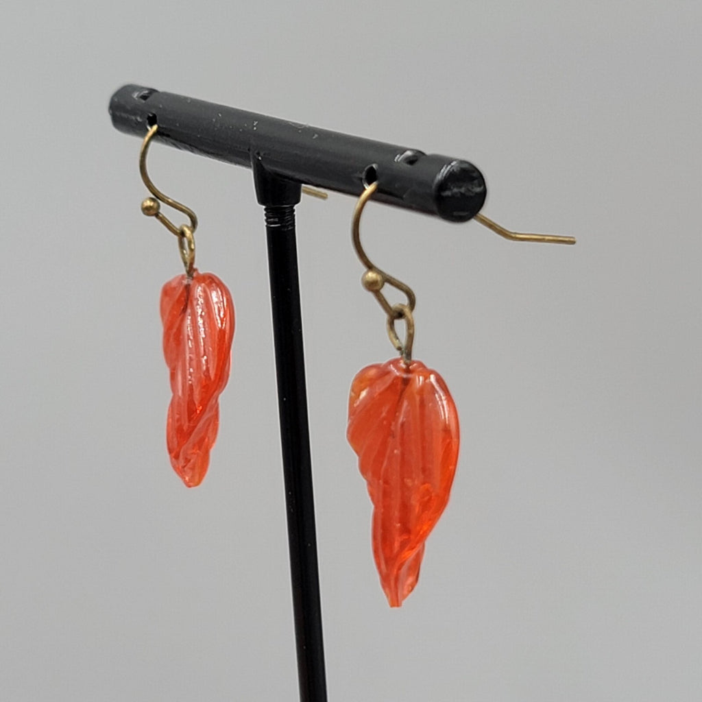 Orange Glass Leaf Pierced Earrings Bronze tone Dangle 1"