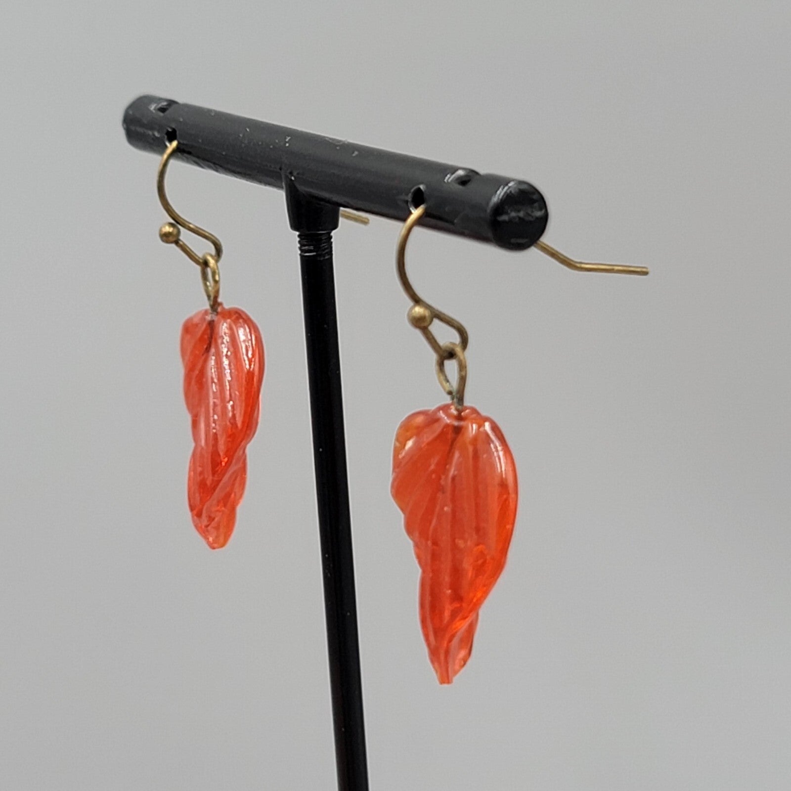 Orange Glass Leaf Pierced Earrings Bronze tone Dangle 1"