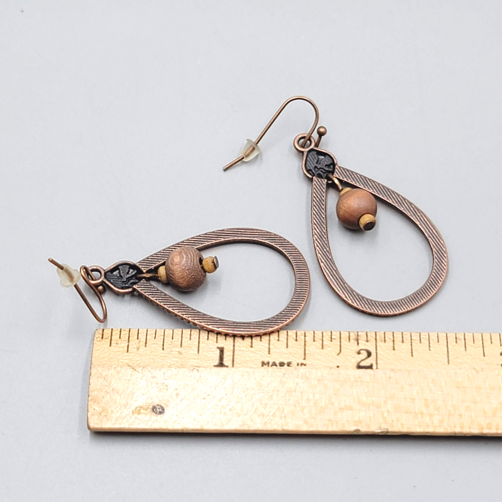 Open Teardrop Wood Bead Pierced Earrings Bronze tone Dangle 1.5"