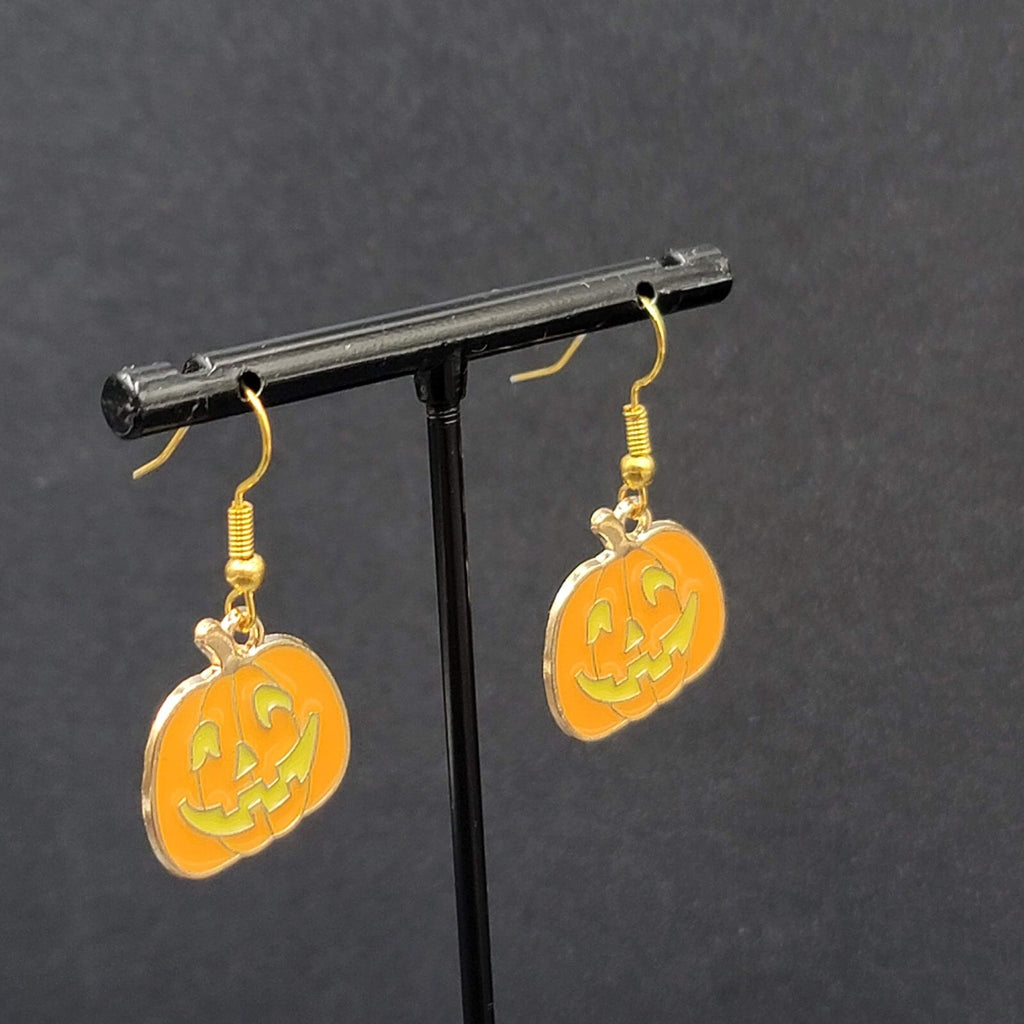 New Jack o Lantern Pumpkin Pierced Earrings Gold tone Enamel Dangle 3/4"