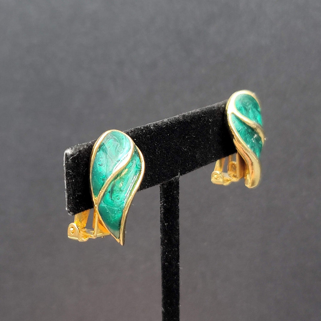 Vintage Clip on Earrings Gold tone Emerald Green Swirl Enamel Climbers 1"