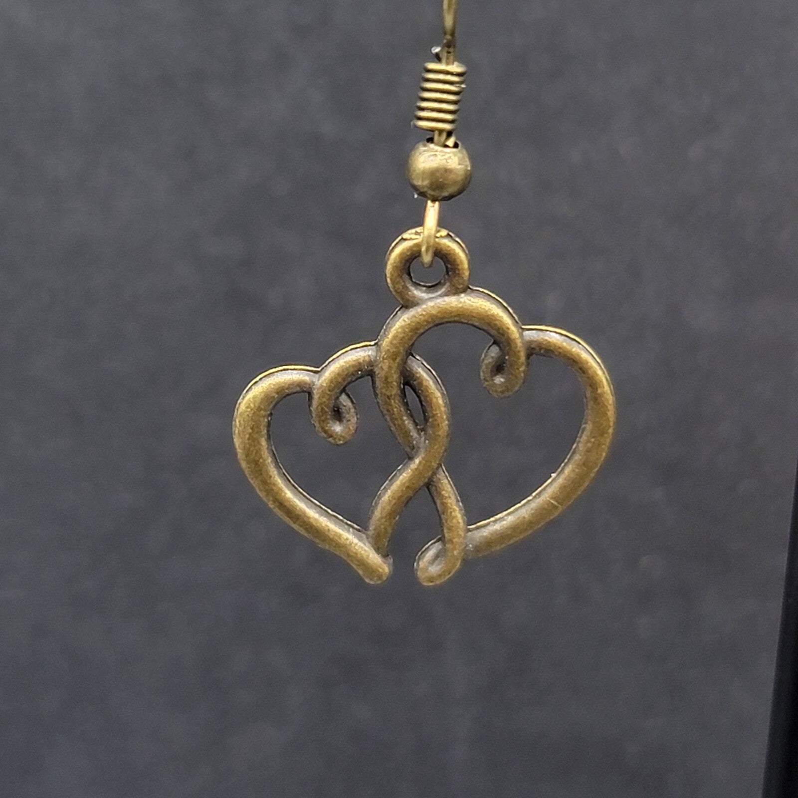 New Double Open Hearts Pierced Earrings Bronze tone Dangle 3/4"