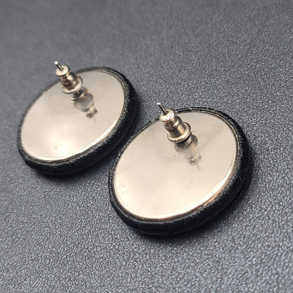 Vintage Pierced Earrings Faux Snake Skin Black Button Studs 1 1/8"