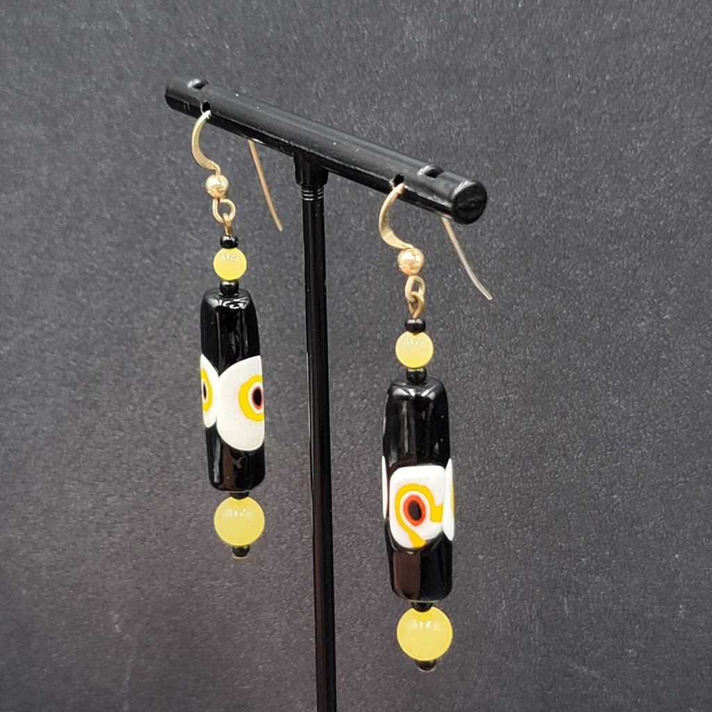 Pierced Earrings Gold tone Black Yellow White Art Glass Barrel Bead 1 7/8"