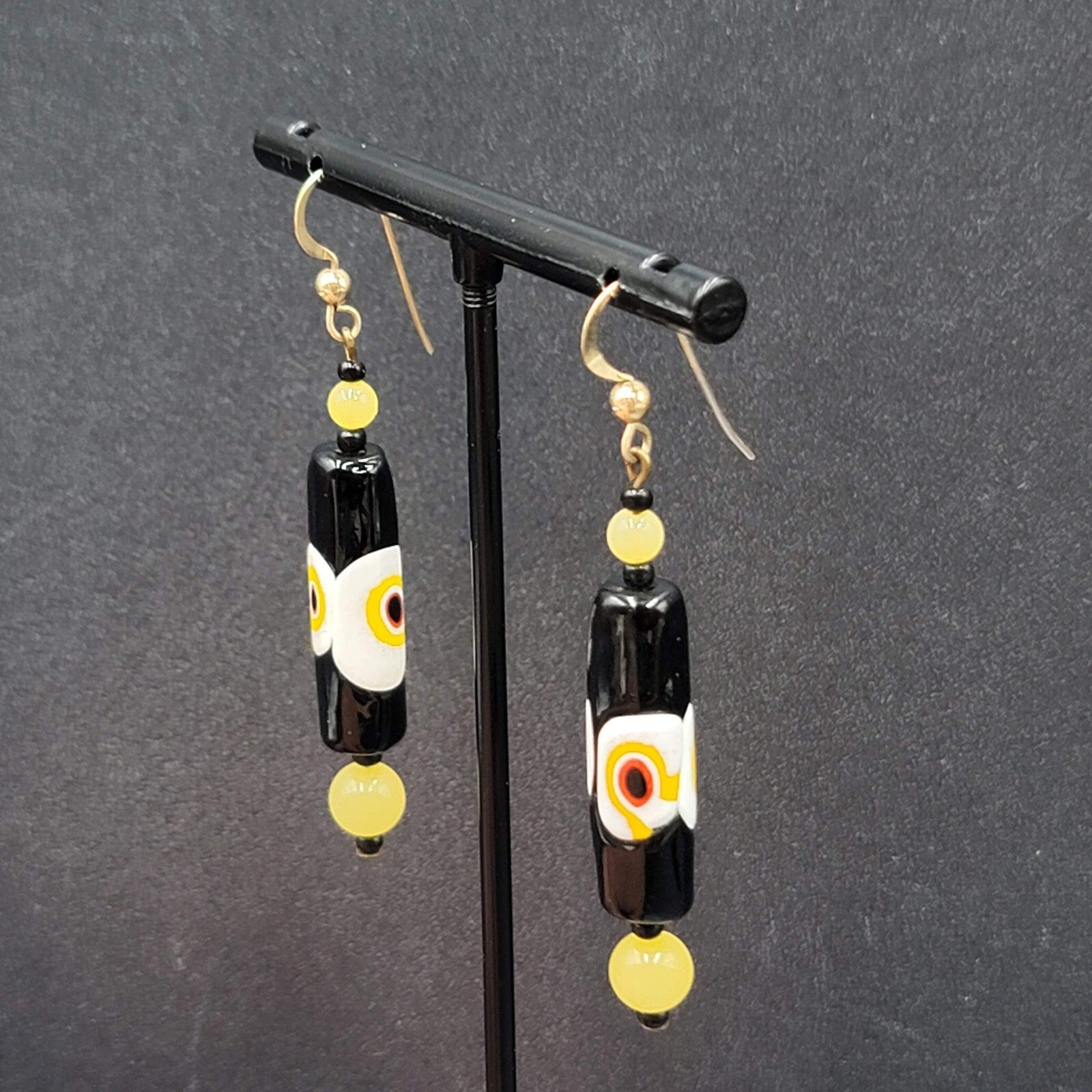 Pierced Earrings Gold tone Black Yellow White Art Glass Barrel Bead 1 7/8"