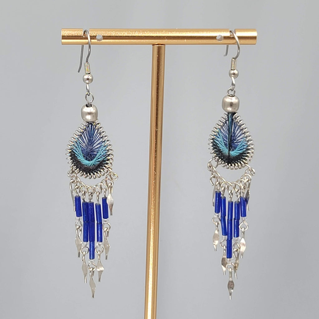 Boho Blue String Art Pierced Earrings Silver tone Dangle  2.75"