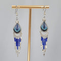 Boho Blue String Art Pierced Earrings Silver tone Dangle  2.75"