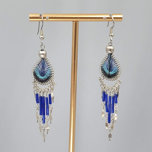 Boho Blue String Art Pierced Earrings Silver tone Dangle  2.75"