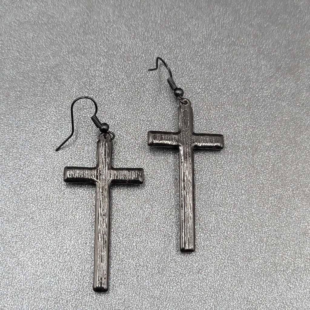 Cross Heart Pierced Earrings Black Metal Enamel AB Rhinestones Dangle 1 7/8"