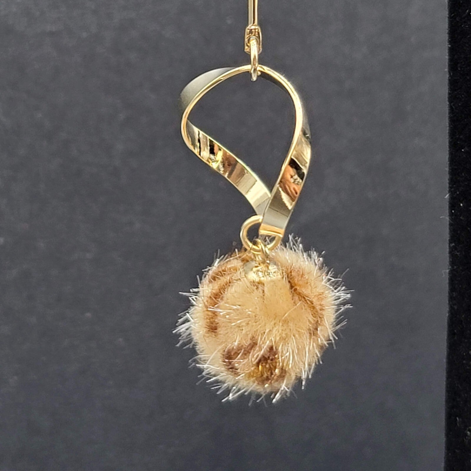 Pierced Earrings Gold tone Crystal Leopard Fuzz Ball Dangle 2.5"