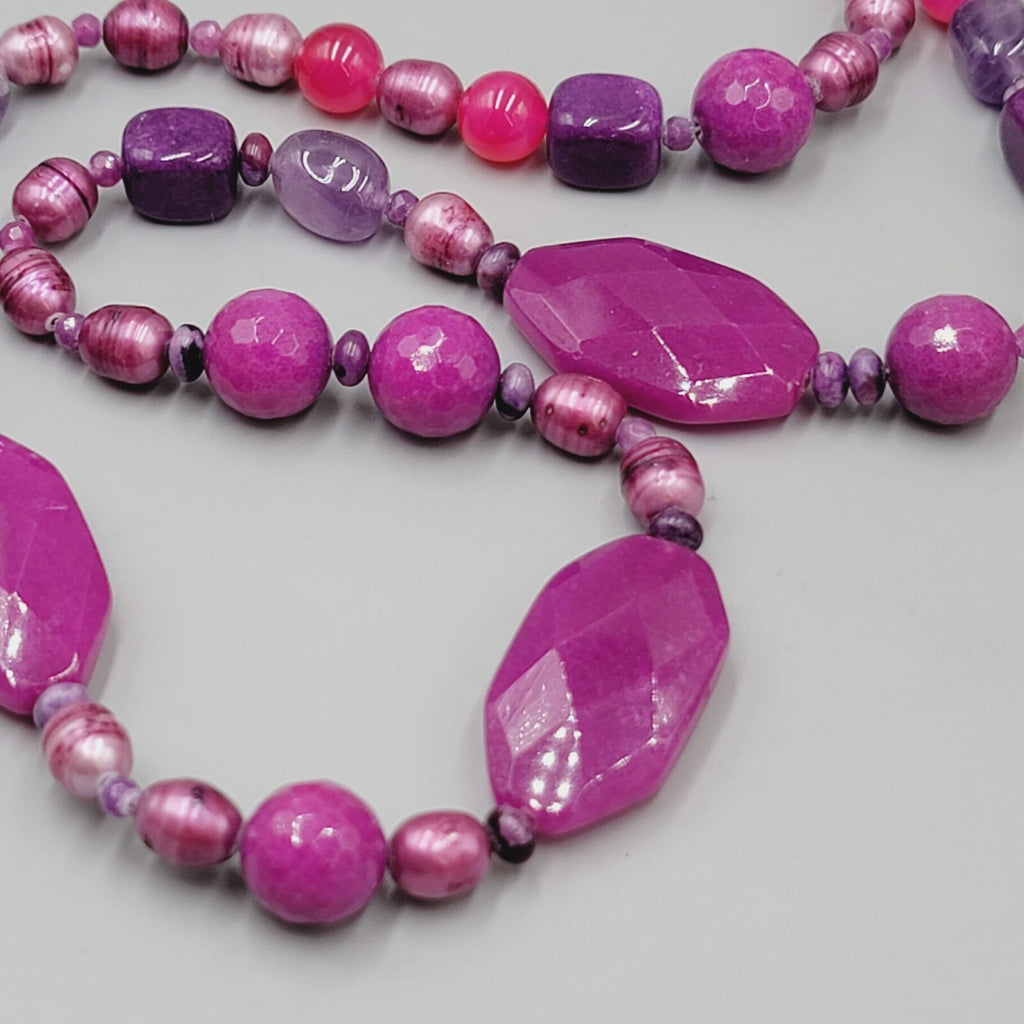 Purple Gemstone Bead Necklace Pearl Amethyst 30"