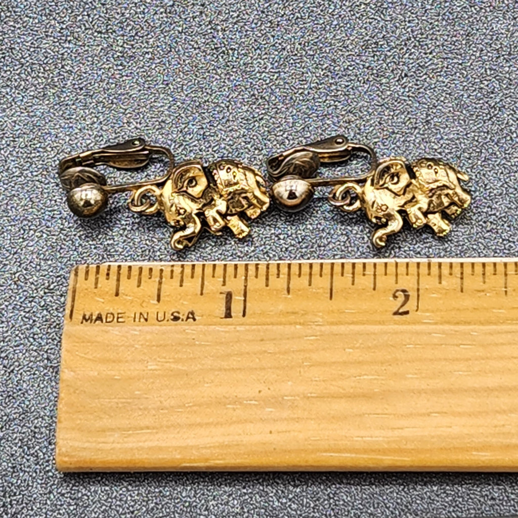 Vintage Clip on Earrings Gold tone Elephant Dangle 3/4"
