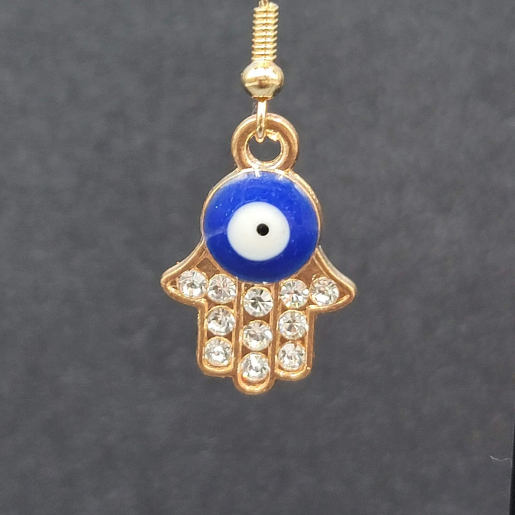 Hamsa Evil Eye Pierced Earrings Gold tone Enamel Rhinestone Dangle 7/8" New